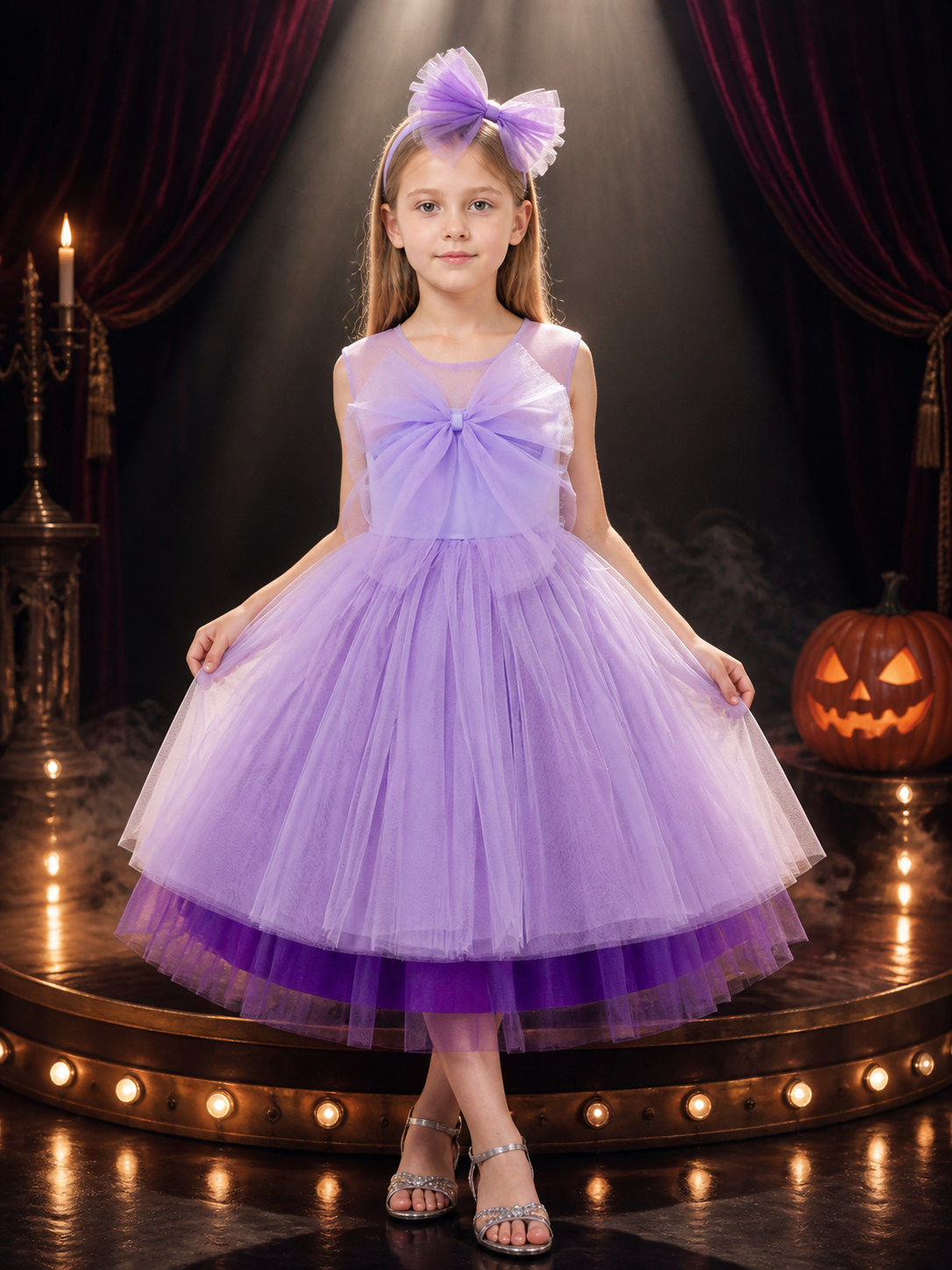 Baby Girls' Purple Princess Dress Set With Bow Headband, Layered Tulle Costume Dresses detail 3