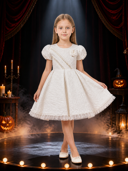 Girls' White Princess Dress, Short Sleeve Floral Embossed Full Skirt Dress Costume Dresses detail 3