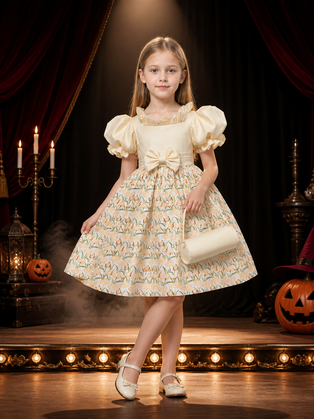 Girls' Floral Print Princess Dress With Puff Sleeves And Bow Costume Dresses detail 3