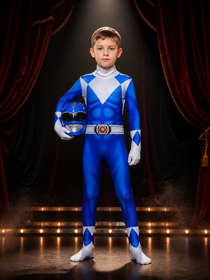 Dinosaur Ranger Full Body Onesie, Blue White Geometric Print Hooded Halloween on-model stage scene view