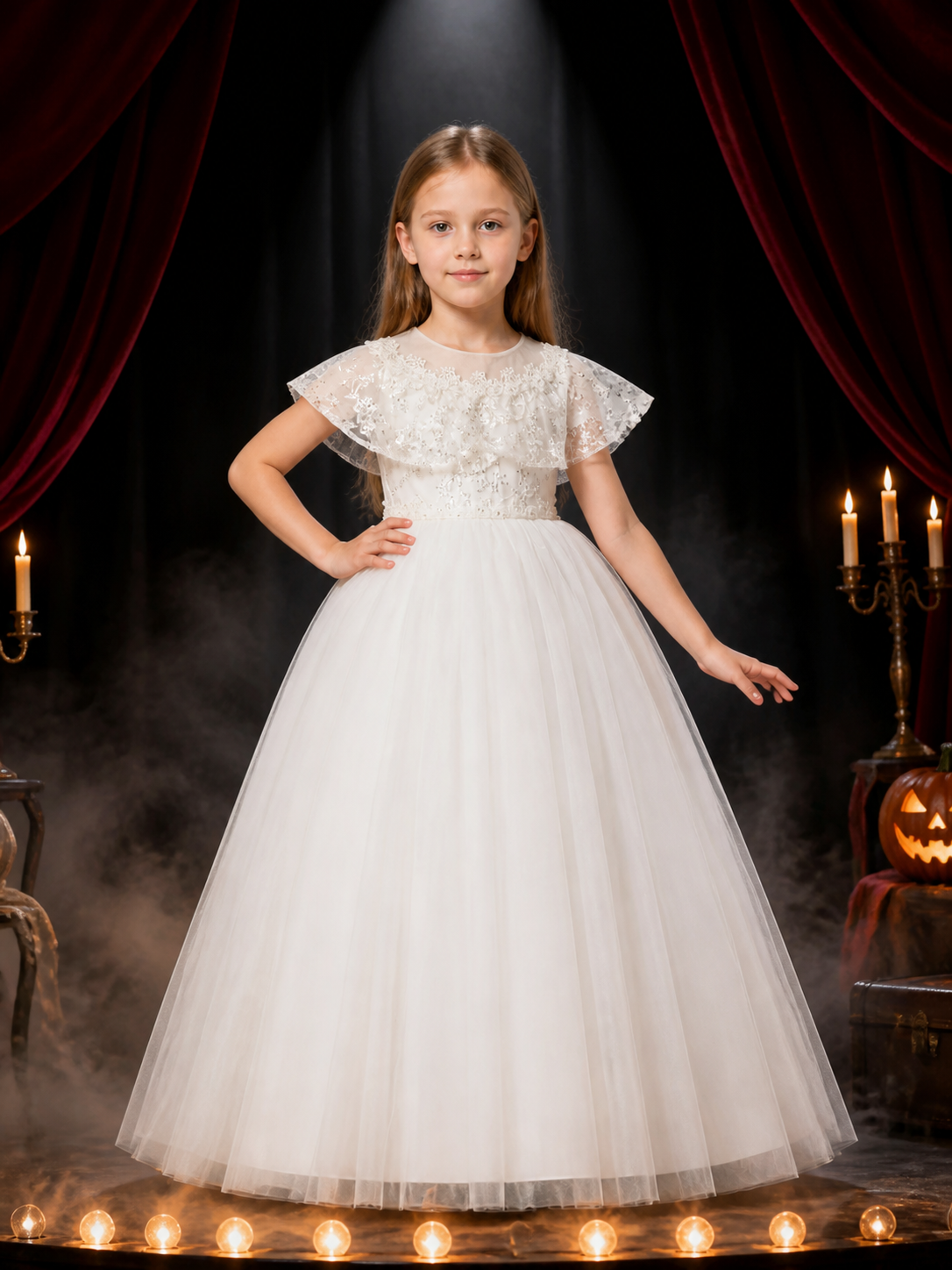 Girls' White Princess Dress, Sequin Floral Lace Tulle Formal Gown, 8Y-12Y Costume Dresses detail 3