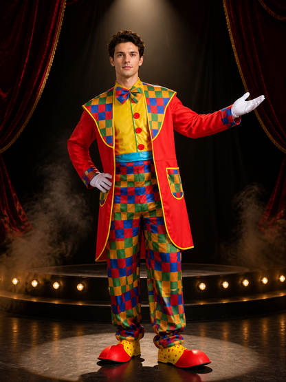 Unisex Clown Circus Costume Set, Multicolor Checkered Coat and Jumpsuit with Bow