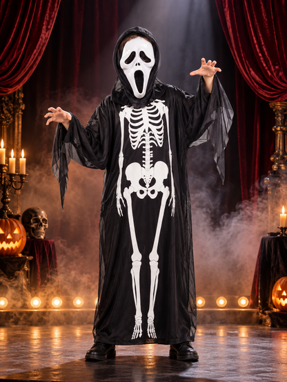 Skeleton Costume with Mask, Black Hooded Robe