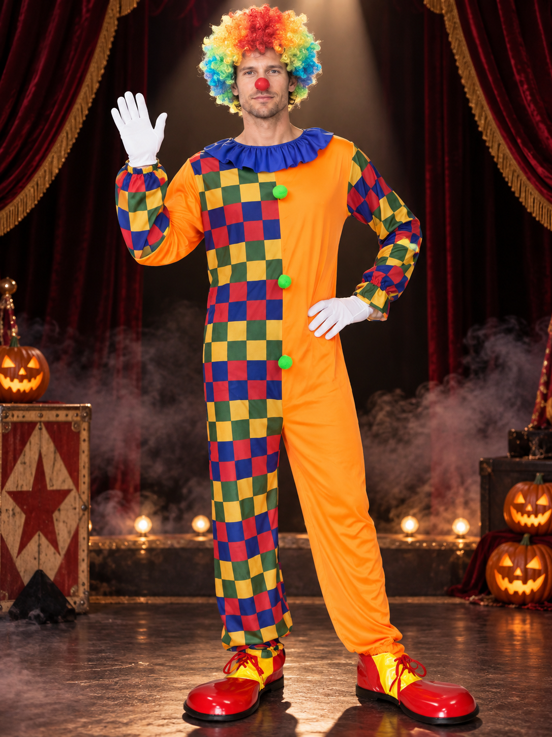 Adult Clown Costume Orange Jumpsuit with Pom-Poms