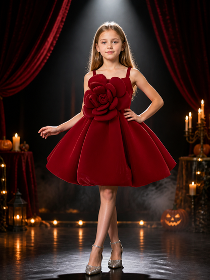 Girls' Burgundy Princess Dress, Sleeveless Layered Rose Flower Party Outfit Costume Dresses detail 3