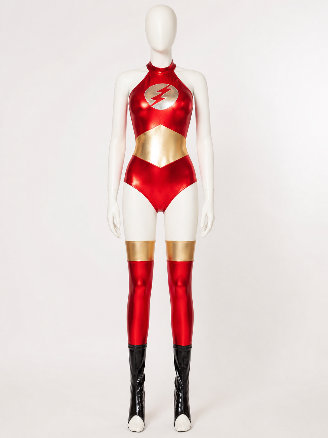 Adult Flash-Themed Sleeveless High-Neck Bodysuit Costume With Foot Covers Costumes detail 3