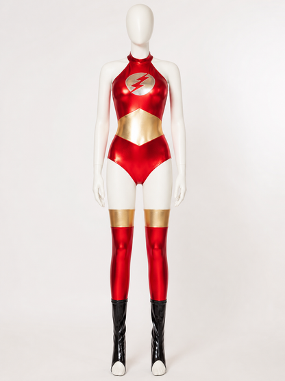 Adult Flash-Themed Sleeveless High-Neck Bodysuit Costume With Foot Covers Costumes detail 3