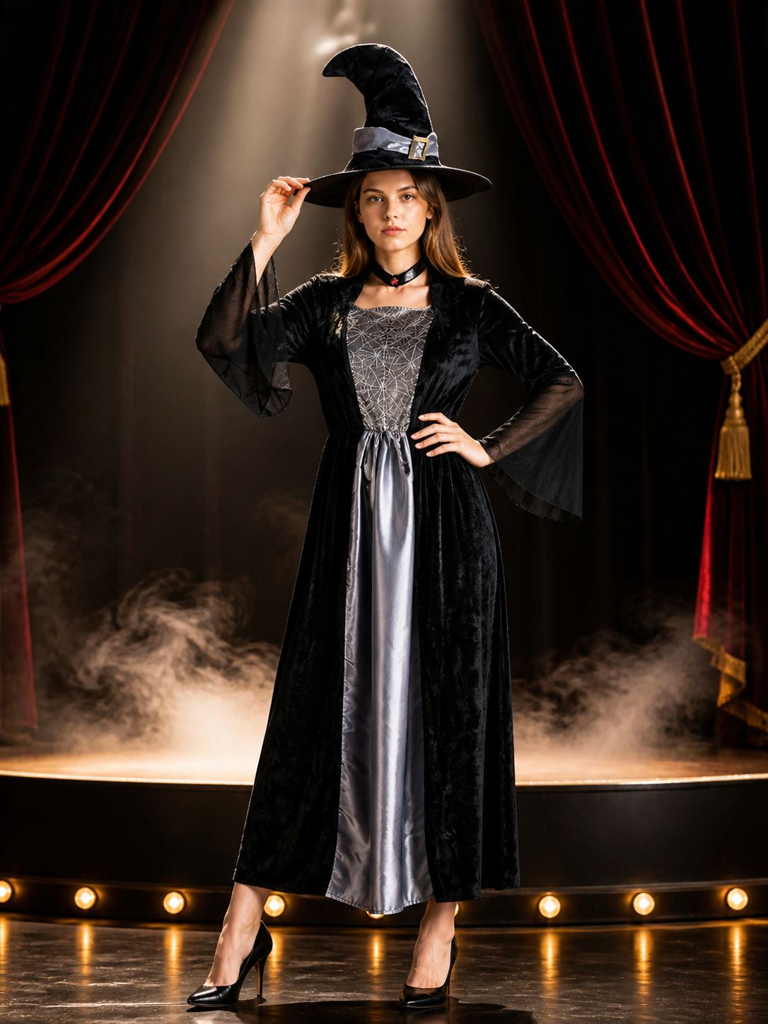 Women's Gothic Witch Costume Set, Long Dress with Hat and Neck Accessory