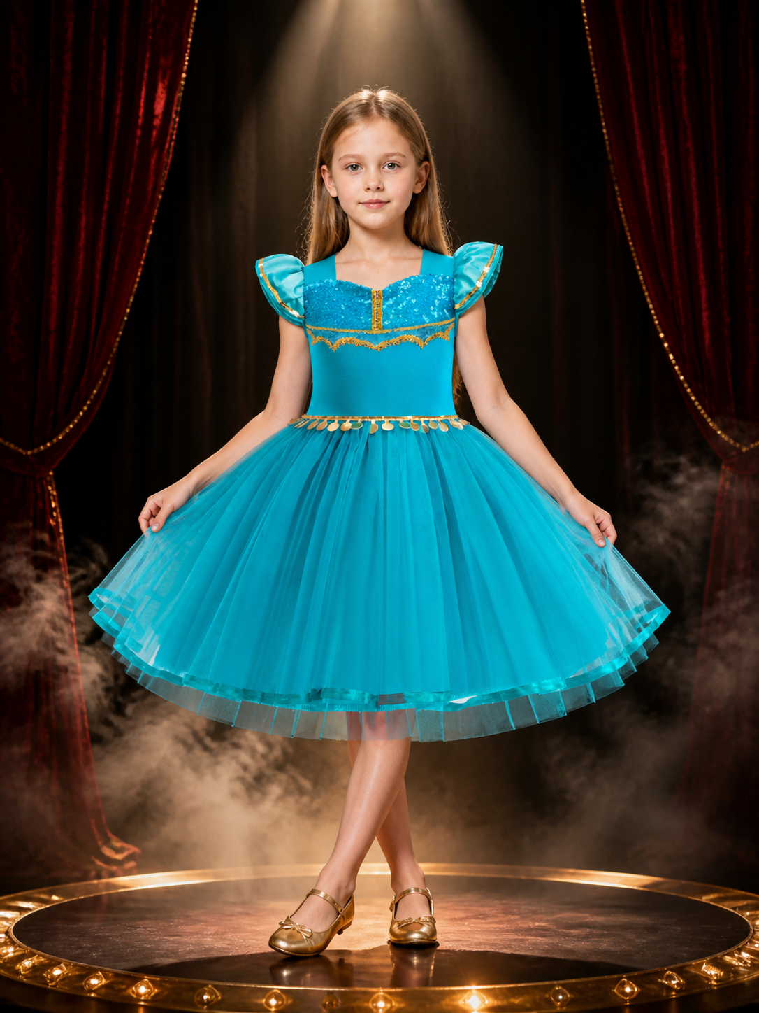 Girls' Blue Princess Dress Costume, Sequined Bodice, Tulle Skirt, Gold Waist Costume Dresses detail 3