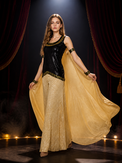 Cleopatra Costume, Black Sequined Top With Gold Long Skirt And Flowing Cape Costume Capes detail 3