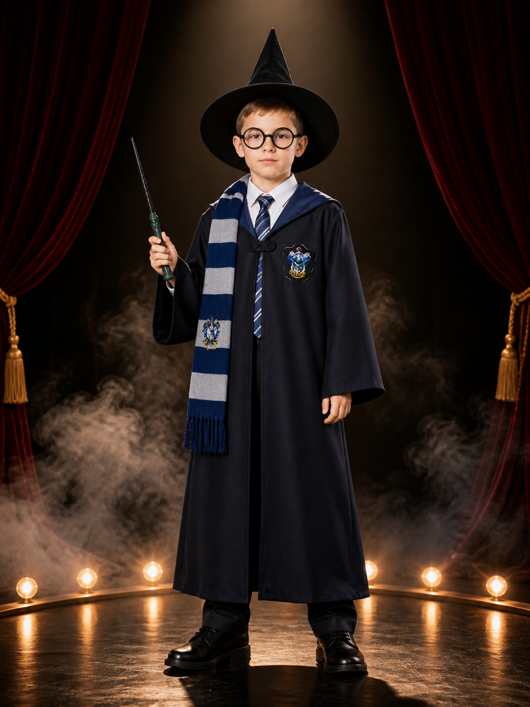 Long Black Wizard Robe Costume Set with Academy Badge, Striped Tie, Scarf Costumes detail 3