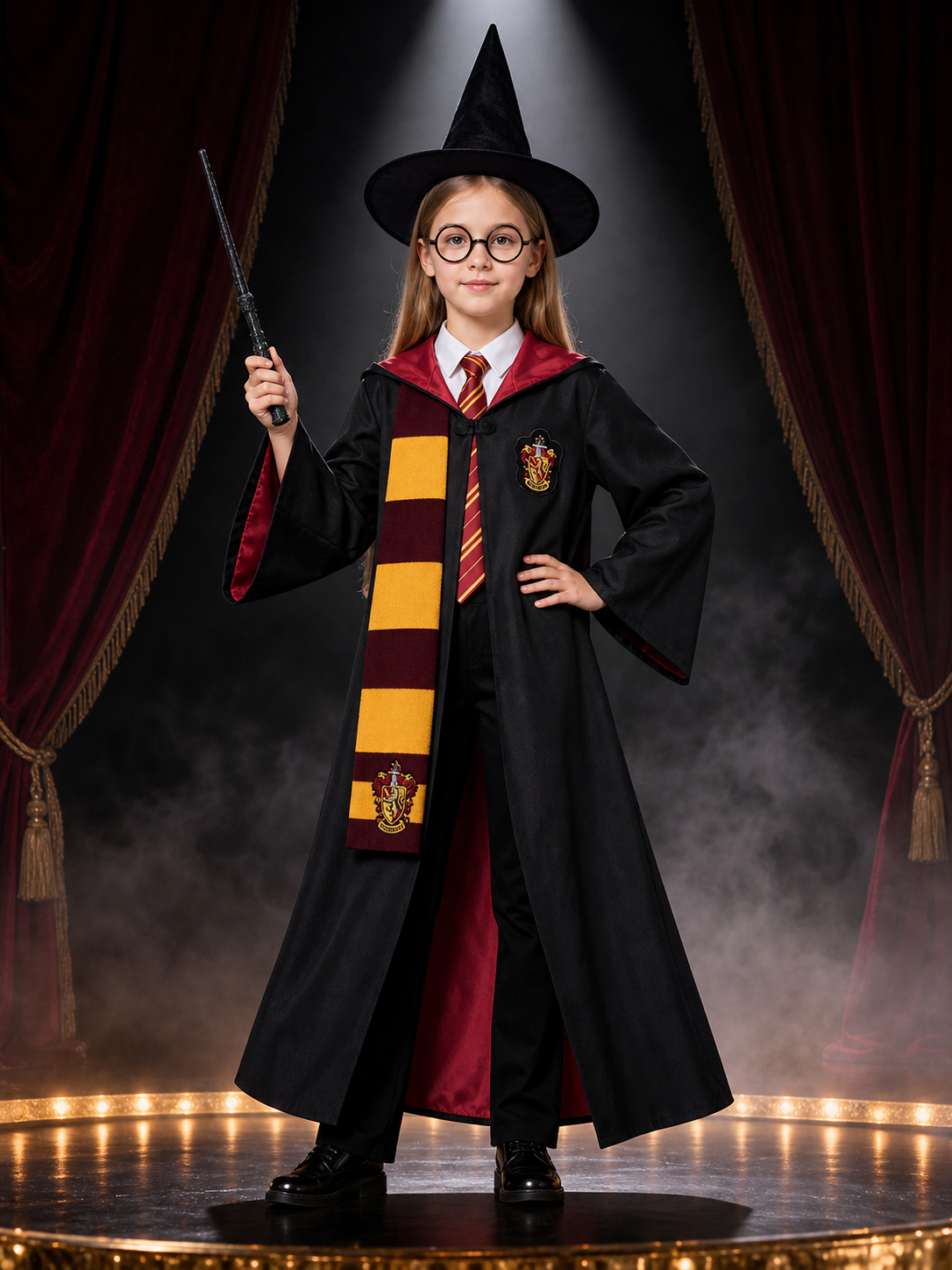 Wizard Costume Set with Hooded Robe, Scarf, Tie, Hat, Wand and Round Glasses