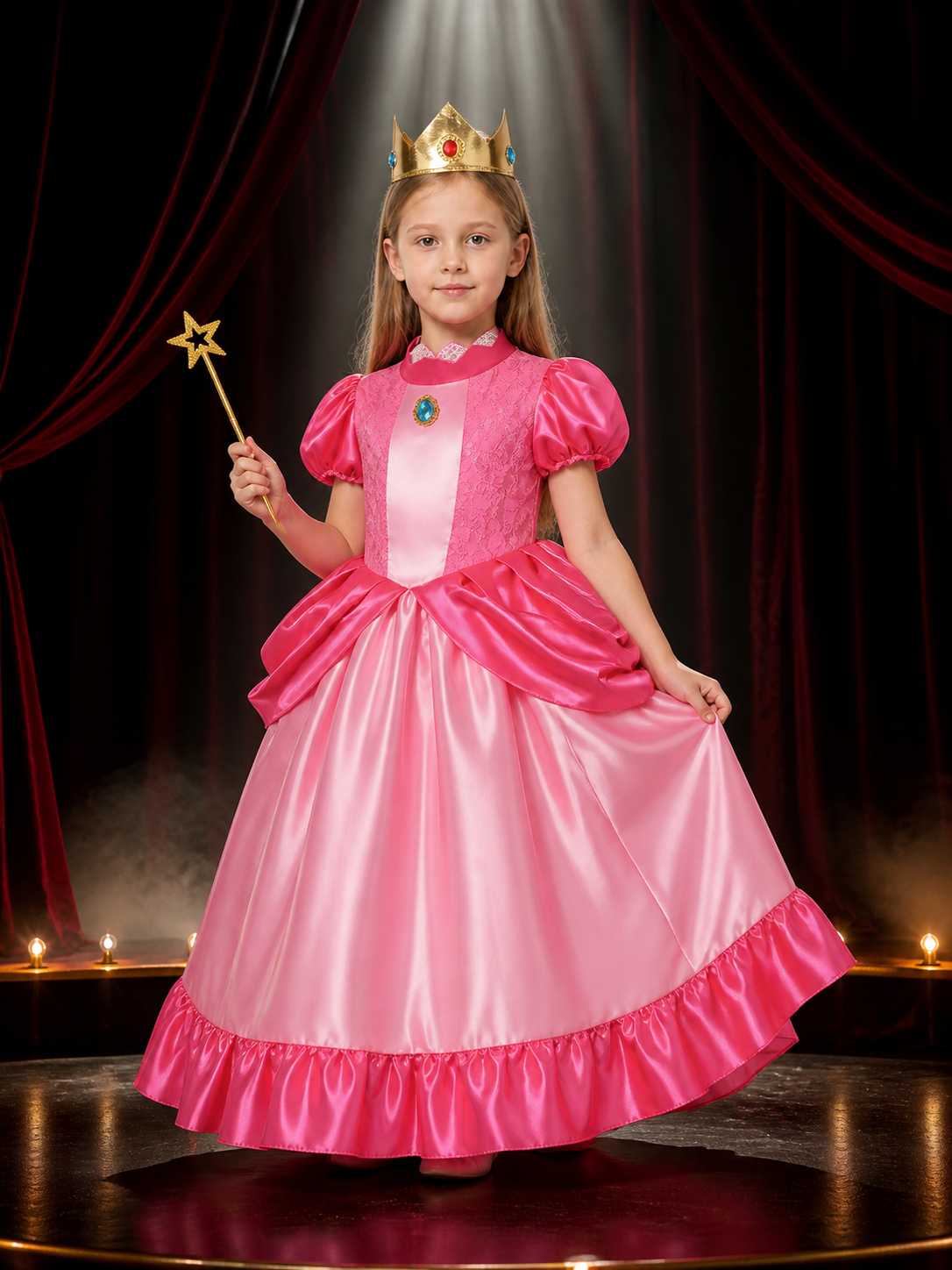 Girls Pink Princess Ball Gown with Crown and Wand, Ruffle Lace Halloween Costume Costume Dresses detail 3