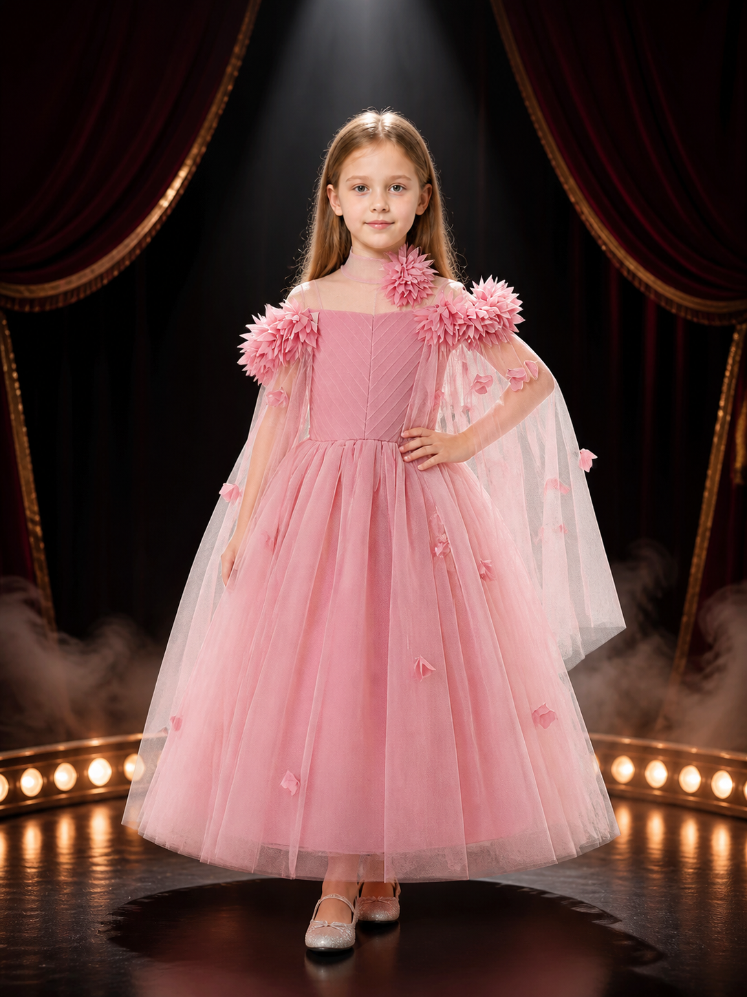 Baby Girls' Pink Princess Dress, Long-Sleeve Tulle Gown With 3D Floral Costume Dresses detail 3