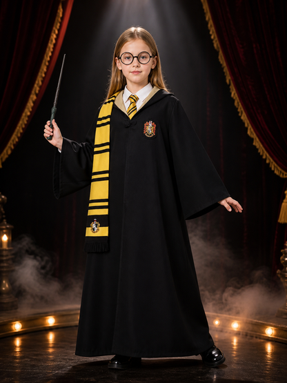 Wizard Costume Set, Black And Yellow Robe With Scarf, Tie, Wand And Glasses Costume Accessories detail 3