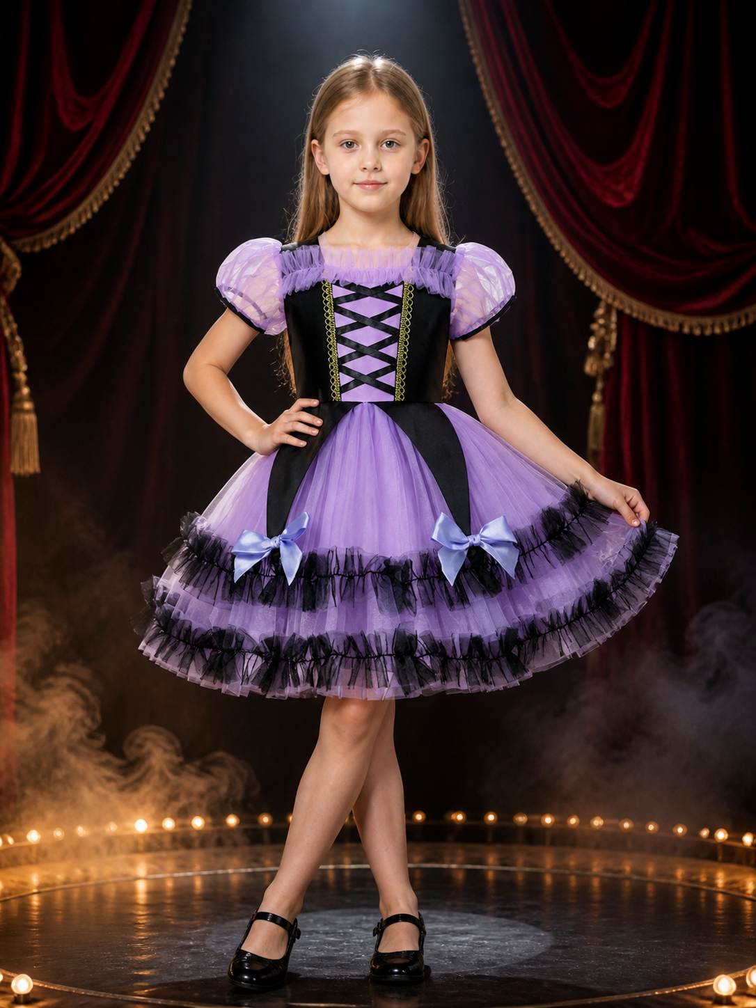 Girls' Purple and Black Witch Princess Costume Dress with Puff Sleeves and Tulle Costume Dresses detail 3
