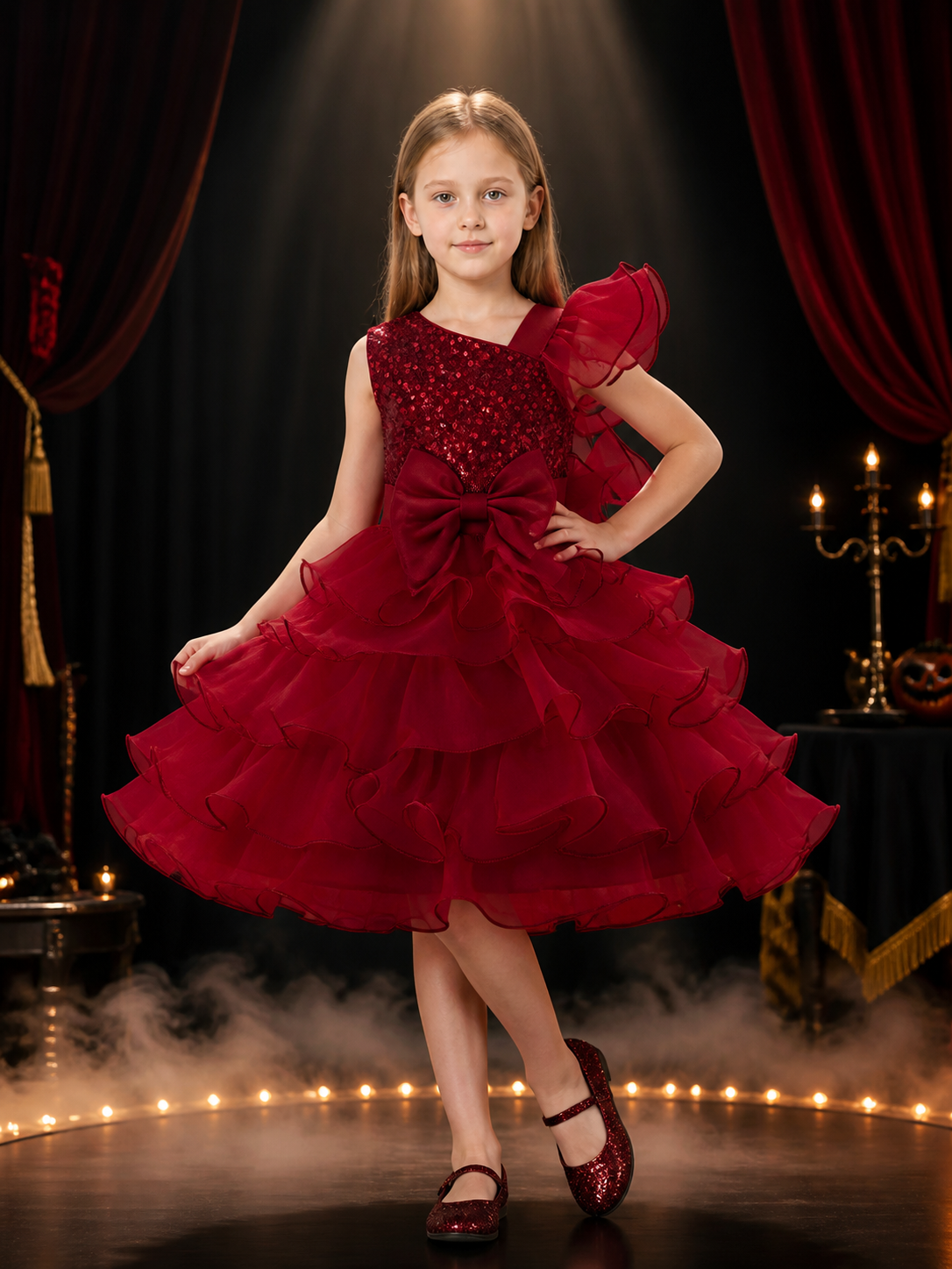 Toddler Girls' Maroon Princess Dress with Sequins, Bow, and Layered Ruffle Skirt Costume Dresses detail 3