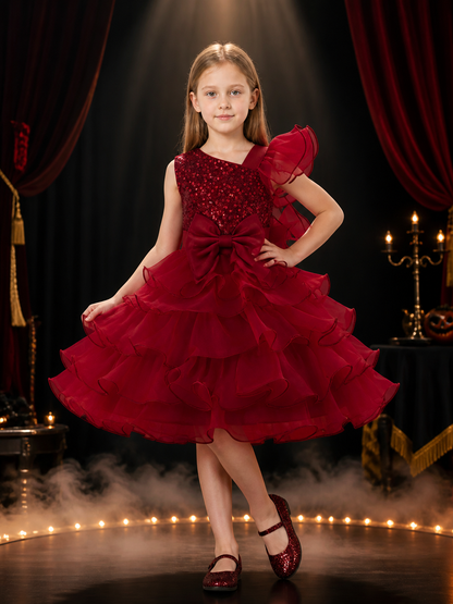 Toddler Girls' Maroon Princess Dress with Sequins, Bow, and Layered Ruffle Skirt Costume Dresses detail 3