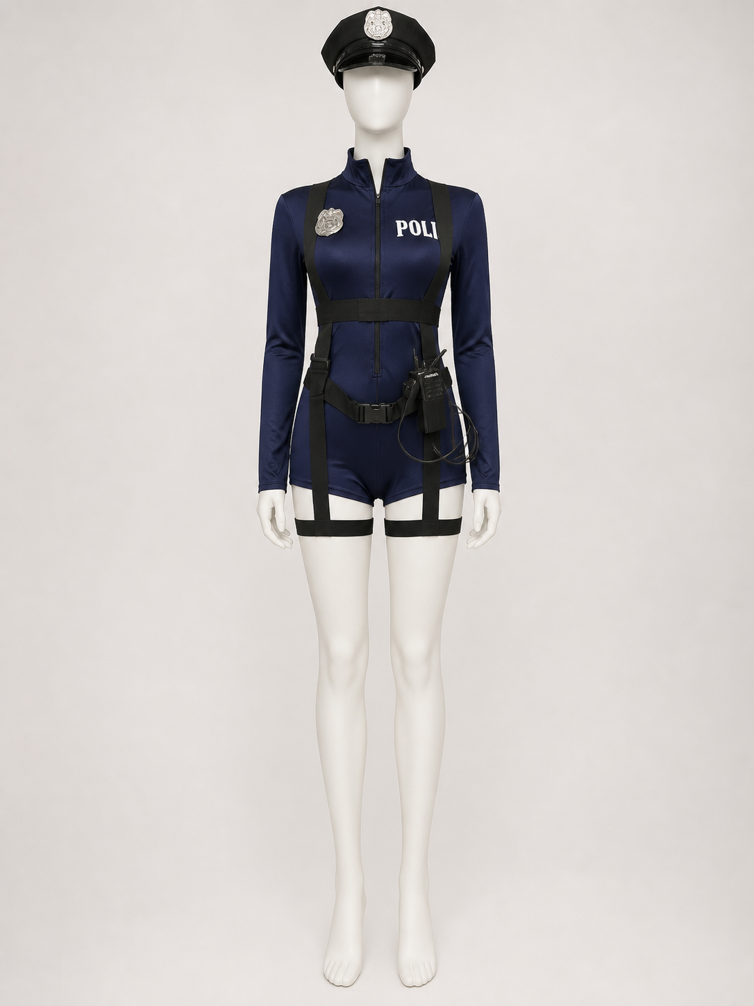 Police Costume Set with Dark Blue Jumpsuit, Hat and Prop Radio Cosplay Outfit Costume Headwear detail 3