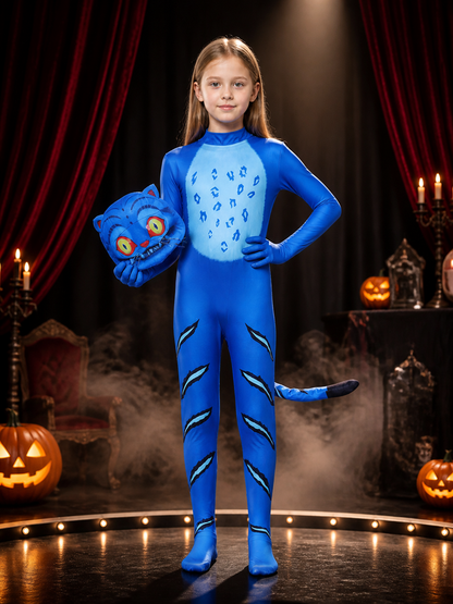 Kids Blue Tiger Costume Set with Headpiece, Striped Footed Bodysuit, and Tail Costume Headwear detail 3