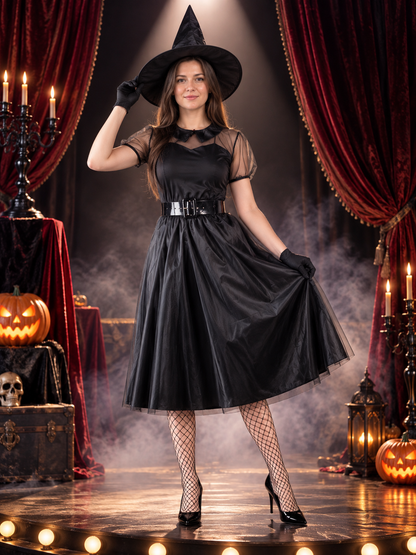 Black Witch Costume with Dress, Hat, Belt and Gloves