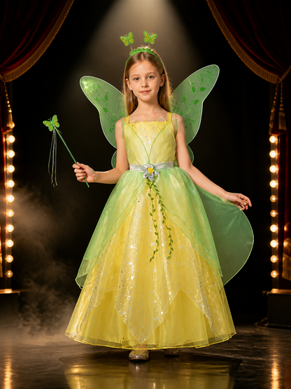 Girls' Fairy Princess Costume Dress with Butterfly Wings and Green Vine Pattern