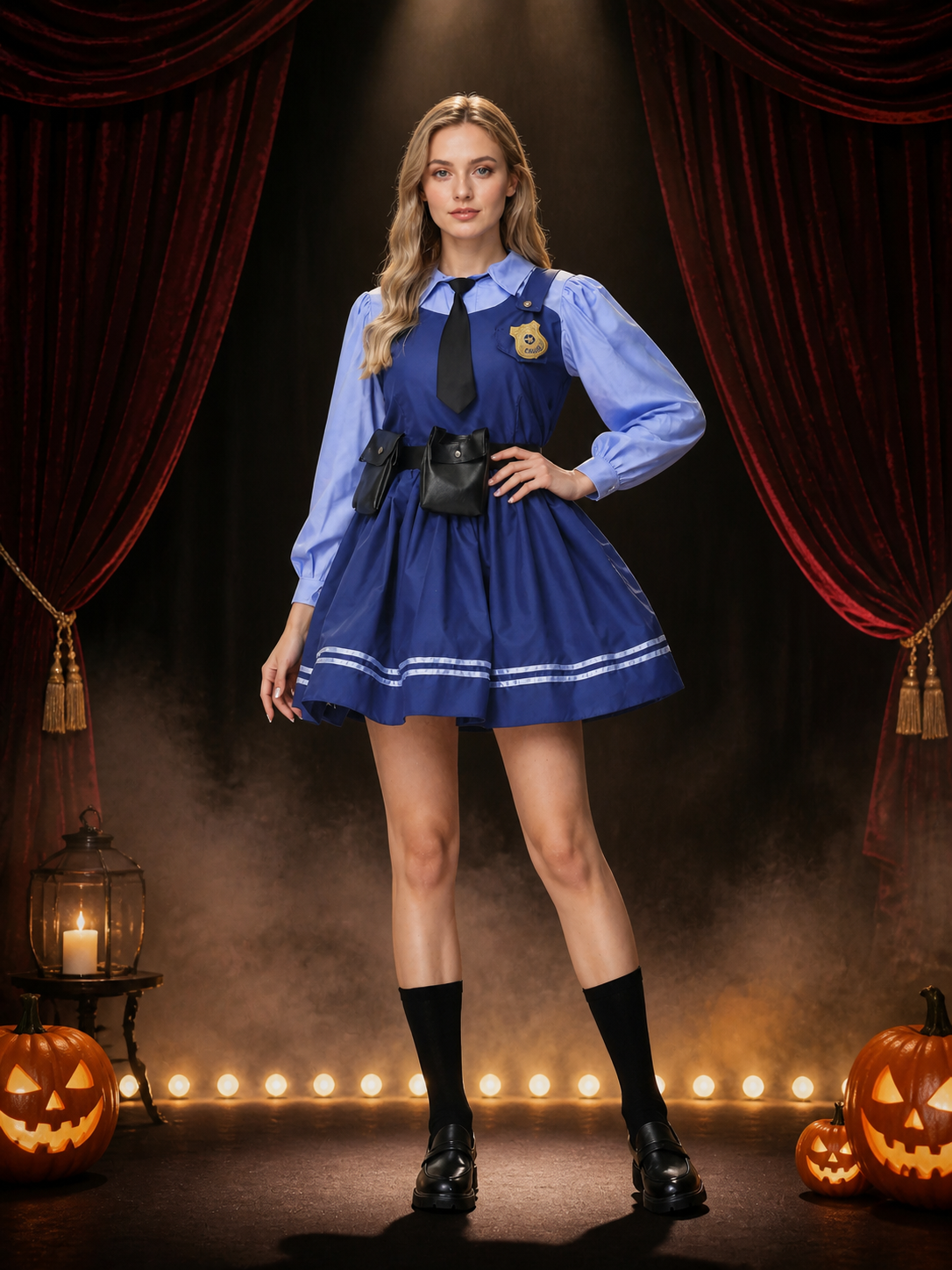 Women's Police Officer Costume Dress, Blue Short Outfit with Badge and Belt Costume Dresses detail 3
