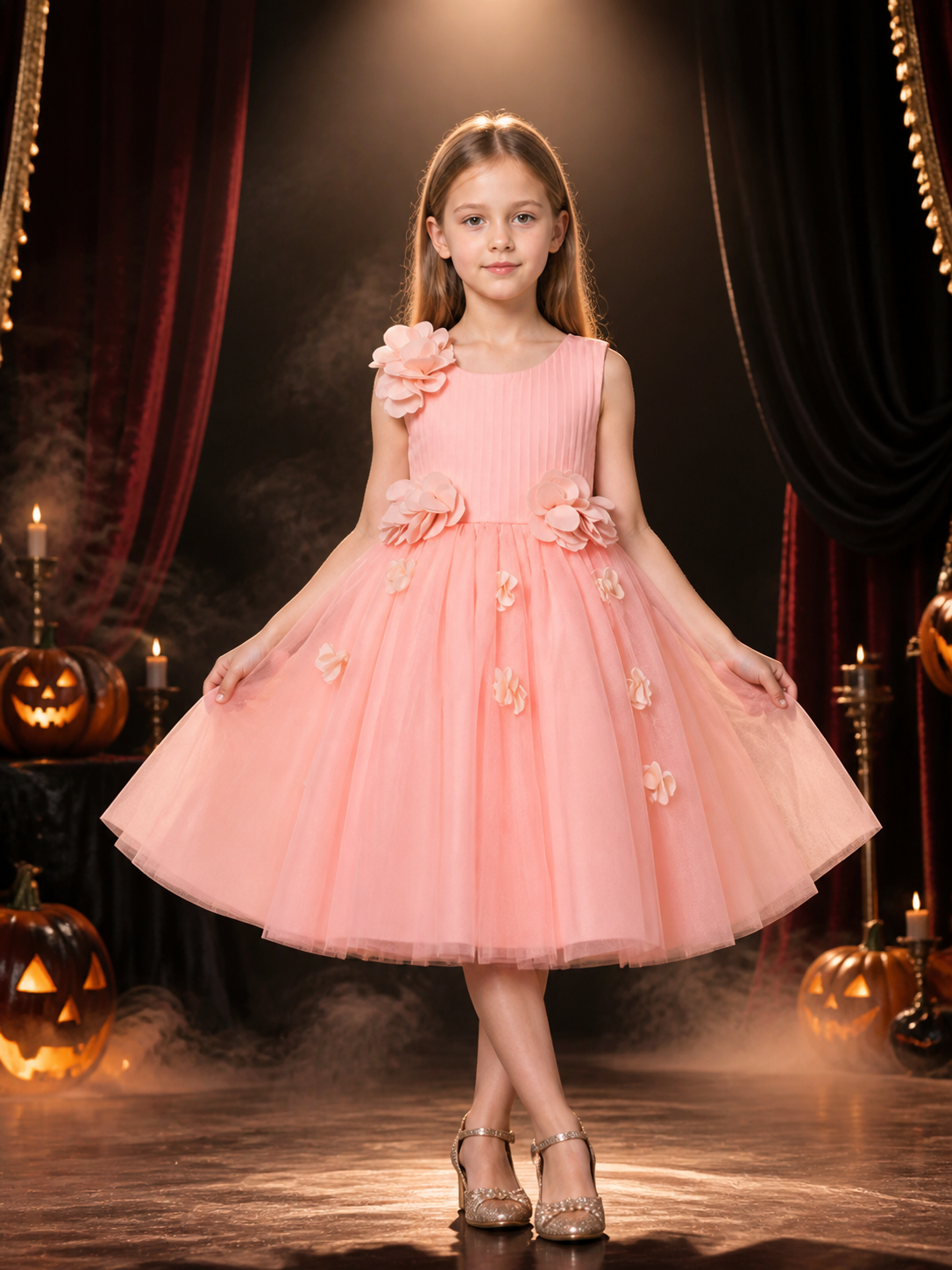 Baby Girls' Pink Princess Tulle Dress With 3D Flower Decorations Costume Dresses detail 3