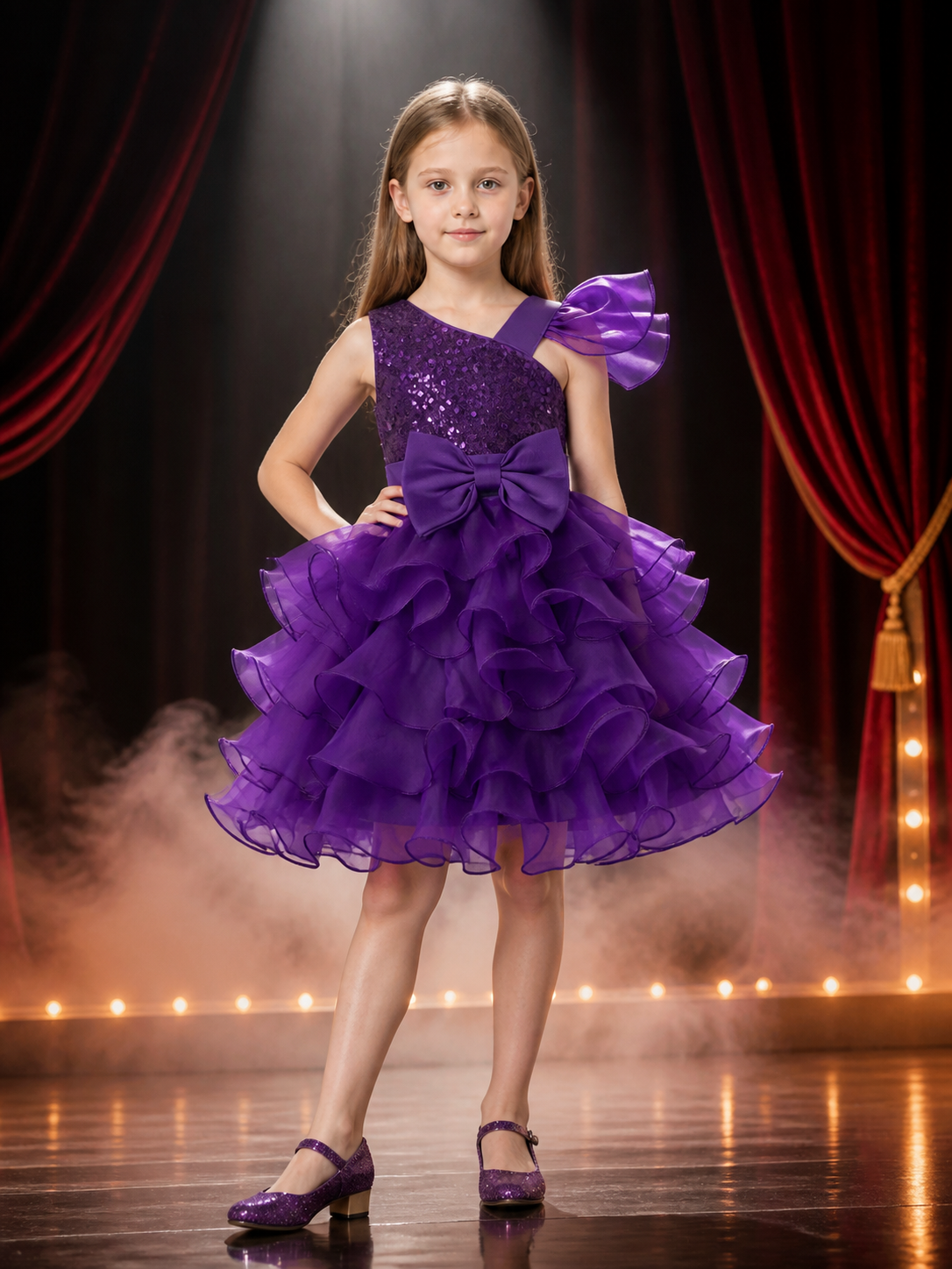 Toddler Girls' Purple Princess Dress, Sequined Layered Ruffle Bow Gown Costume Dresses detail 3