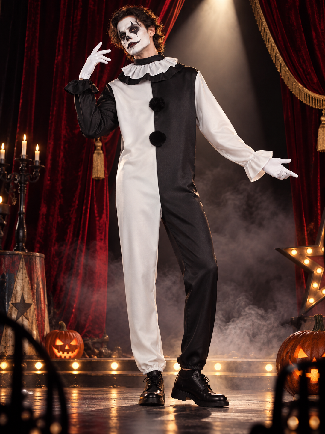 Black and White Clown Costume for Cosplay with Jabot and Gloves