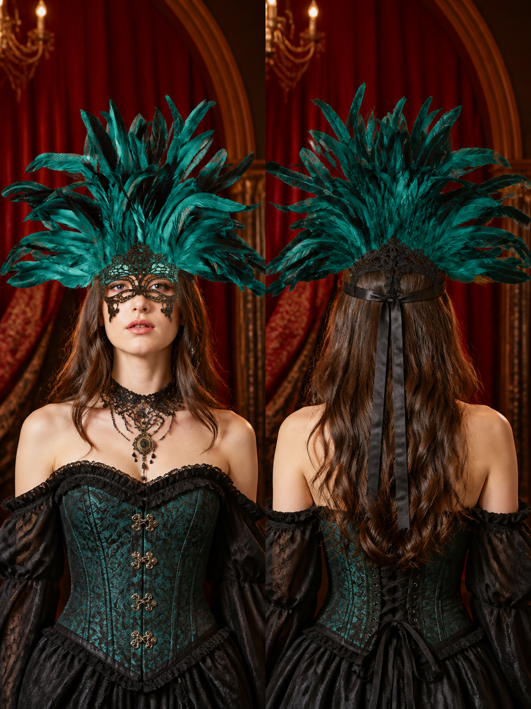 1pc Green Feather Headpiece With Black Lace Eye Mask, Exaggerated Party Style on-model stage scene view