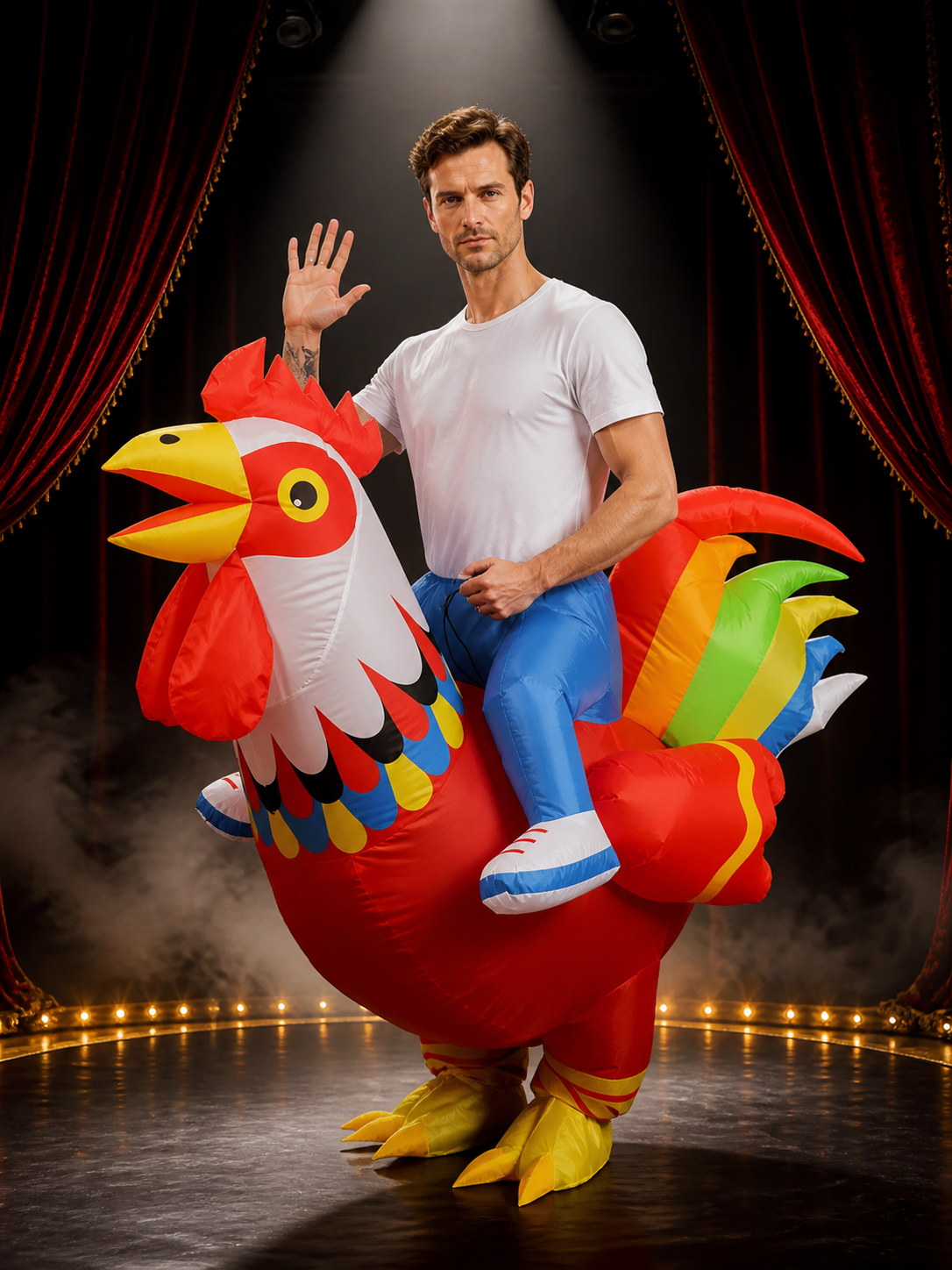 Colorful Rooster Inflatable Costume, Long Tail Chicken Halloween Party Outfit Costumes detail 3