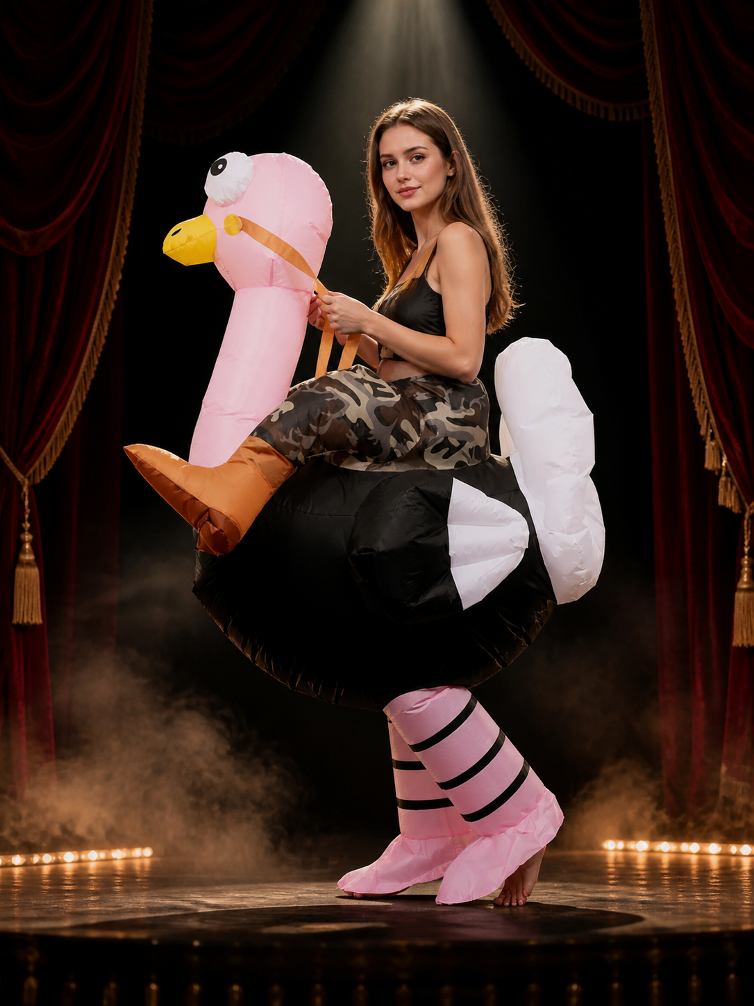 Inflatable Ostrich Costume Bodysuit with Pink Neck, Funny Halloween Outfit