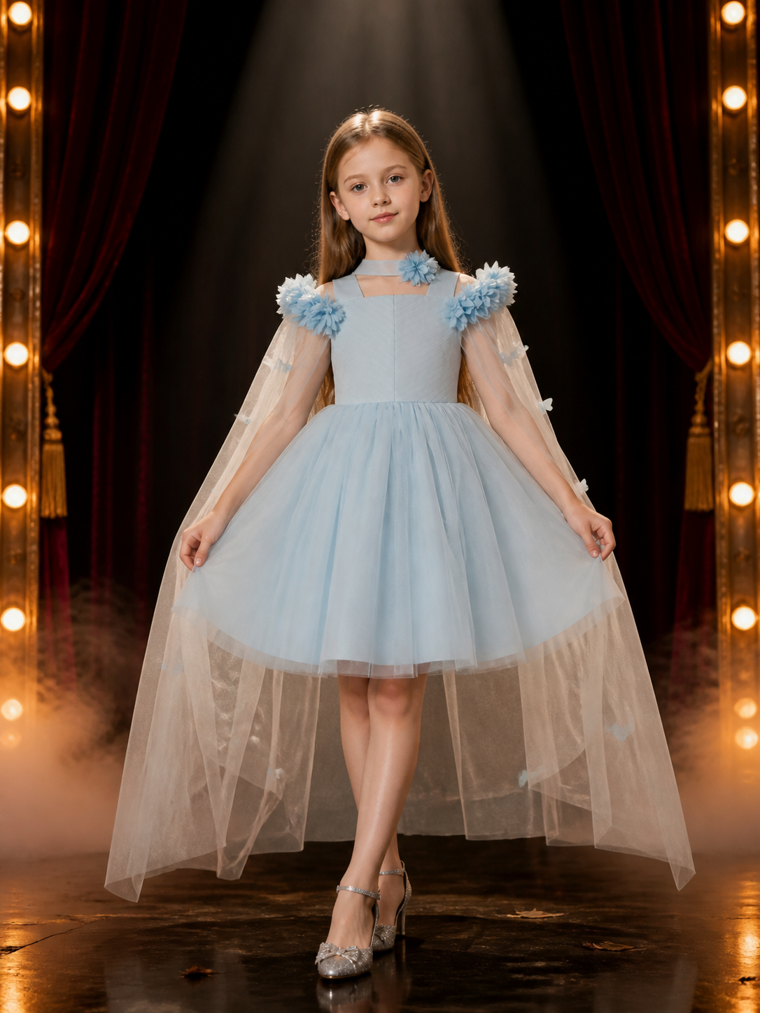 Girls' Light Blue Princess Dress, Off-Shoulder Floral Tulle Party Gown, Sizes Costume Dresses detail 3