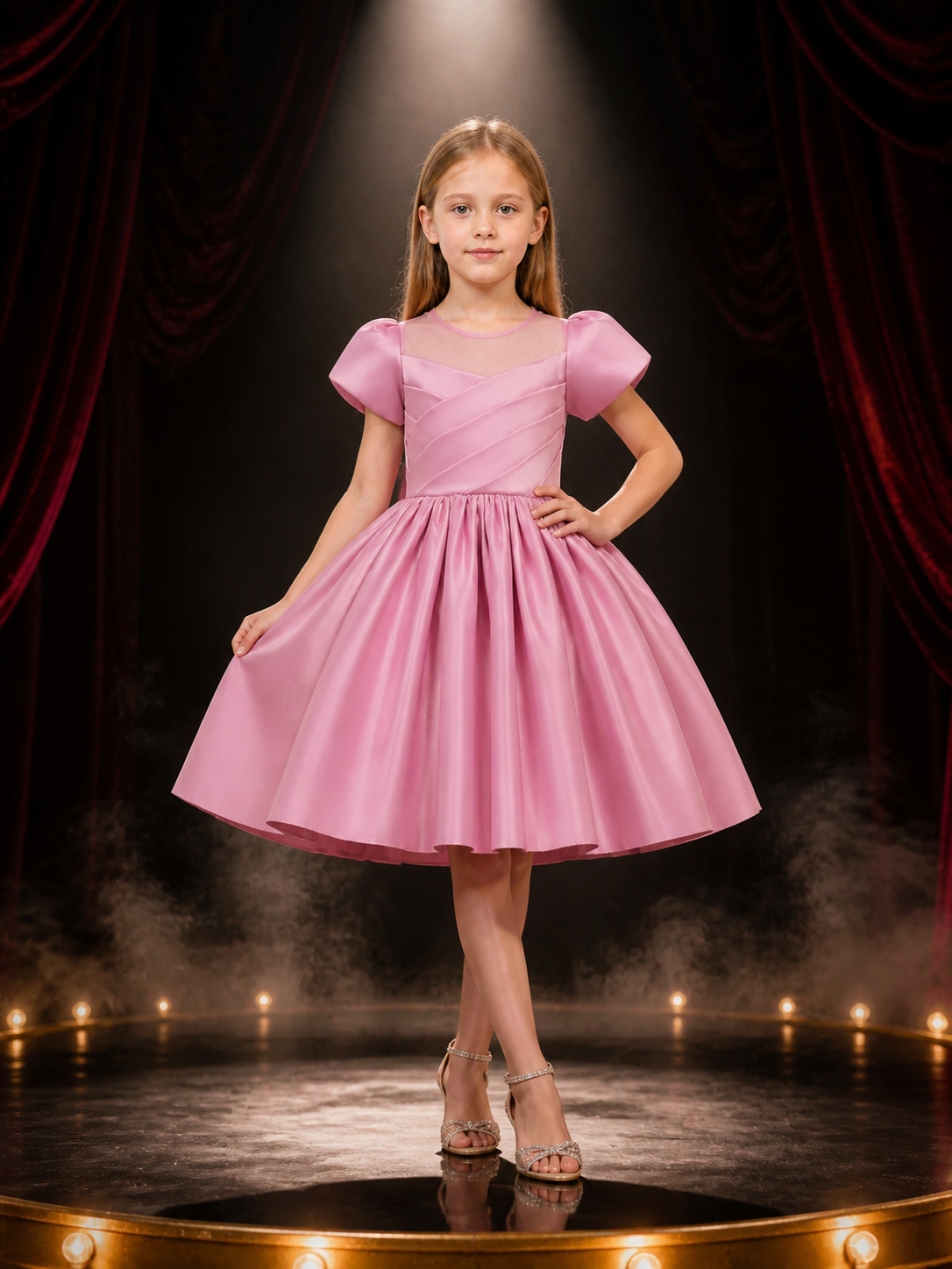 Girls' Pink Satin Princess Dress, Lace Square Neck, Short Sleeves, Full Skirt Costume Dresses detail 3