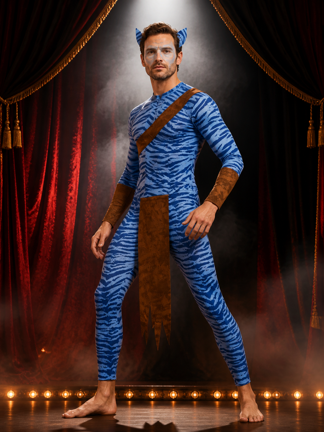 Blue Striped Alien Bodysuit Costume with Brown Panels for Adults Halloween Costumes detail 3