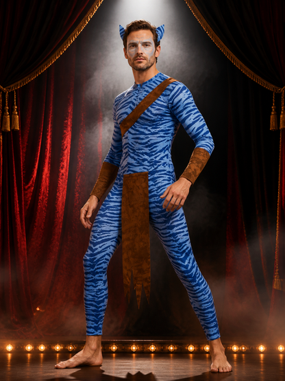 Blue Striped Alien Bodysuit Costume with Brown Panels for Adults Halloween Costumes detail 3