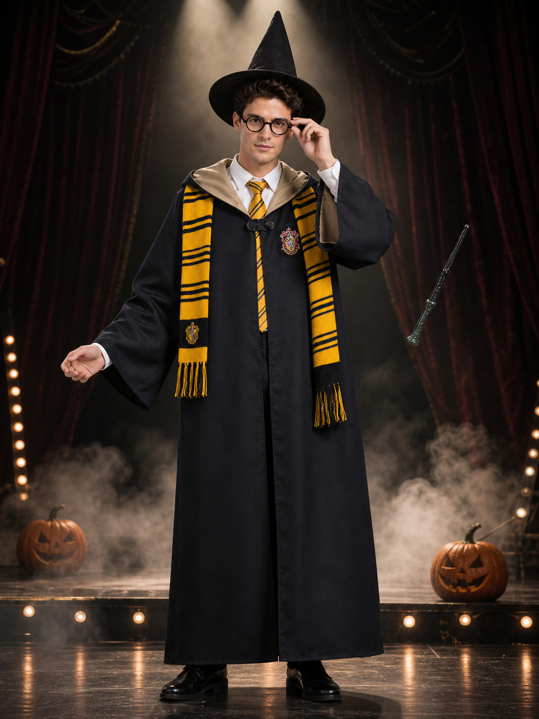 Wizard Halloween Costume Set - Black Hooded Robe with Striped Tie, Scarf Costumes detail 3