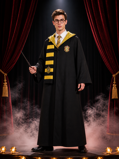 Black Long Hooded Wizard Robe Costume Set with Black and Yellow Striped Scarf Costumes detail 3