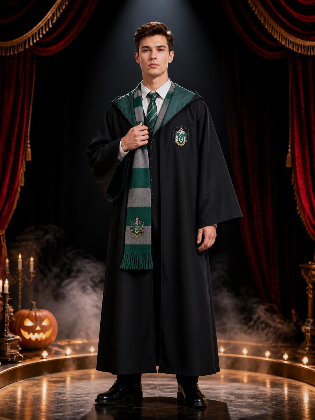 Green Hooded Wizard Robe Costume Set With Striped Scarf And Tie
