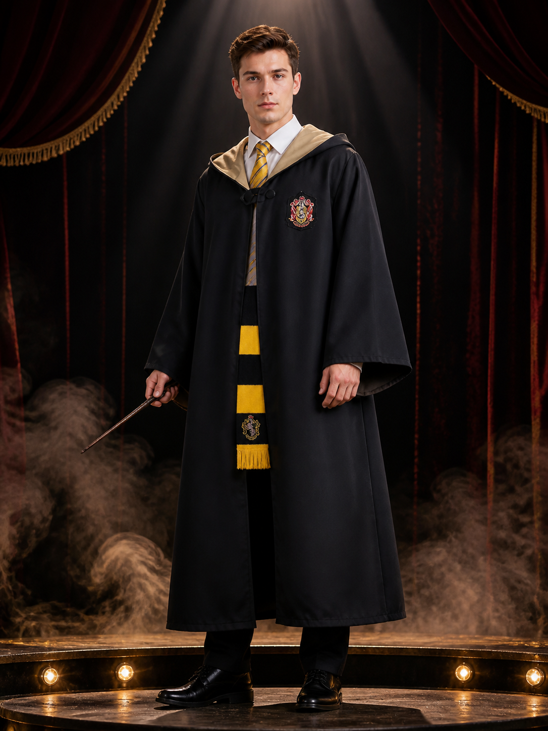 Hooded Wizard Robe Costume Set with Black and Gold Design, Includes Tie and Costumes detail 3
