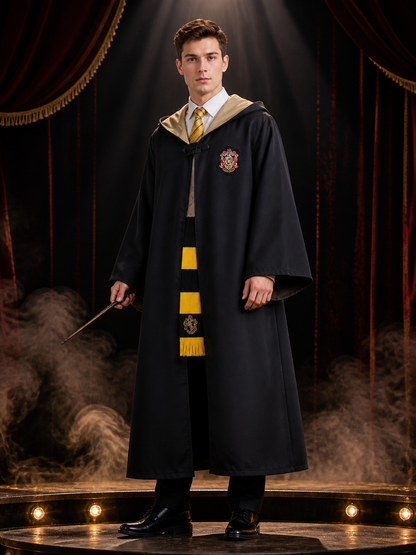 Hooded Wizard Robe Costume Set with Black and Gold Design, Includes Tie and Costumes detail 3