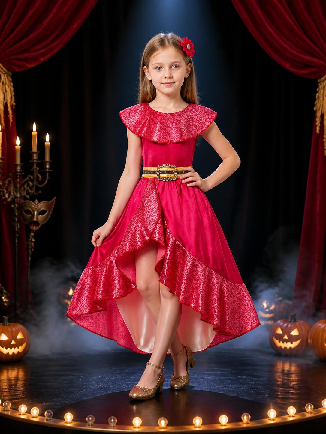 Kids Princess Elena Costume Dress Set with Ruffle Collar and Flower Hair Clips Costume Dresses detail 3
