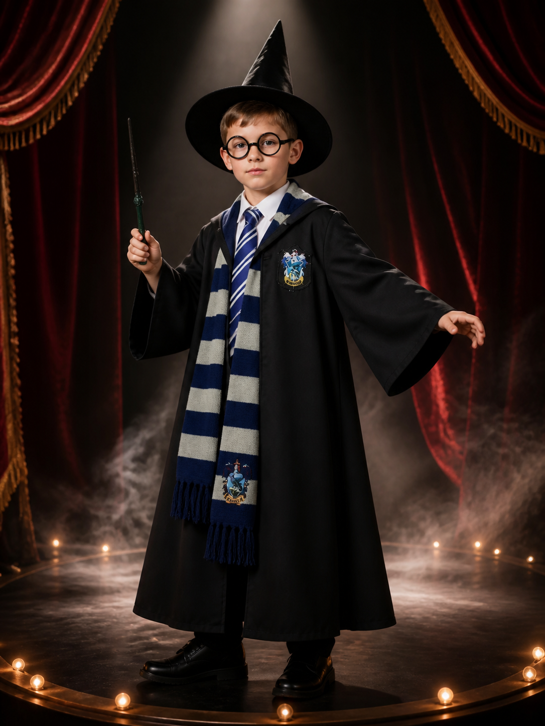 Black Wizard Robe Costume Set with Hat, Glasses, Wand, Scarf, Shirt and Tie Costume Headwear detail 3