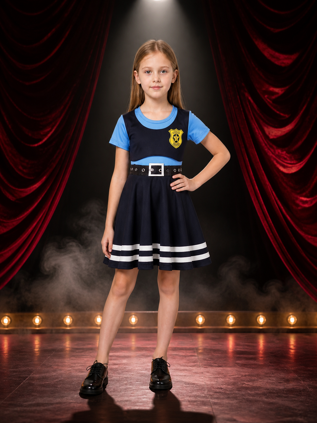Kids Police Officer Costume Dress with Badge Print and White Stripes on-model stage scene view