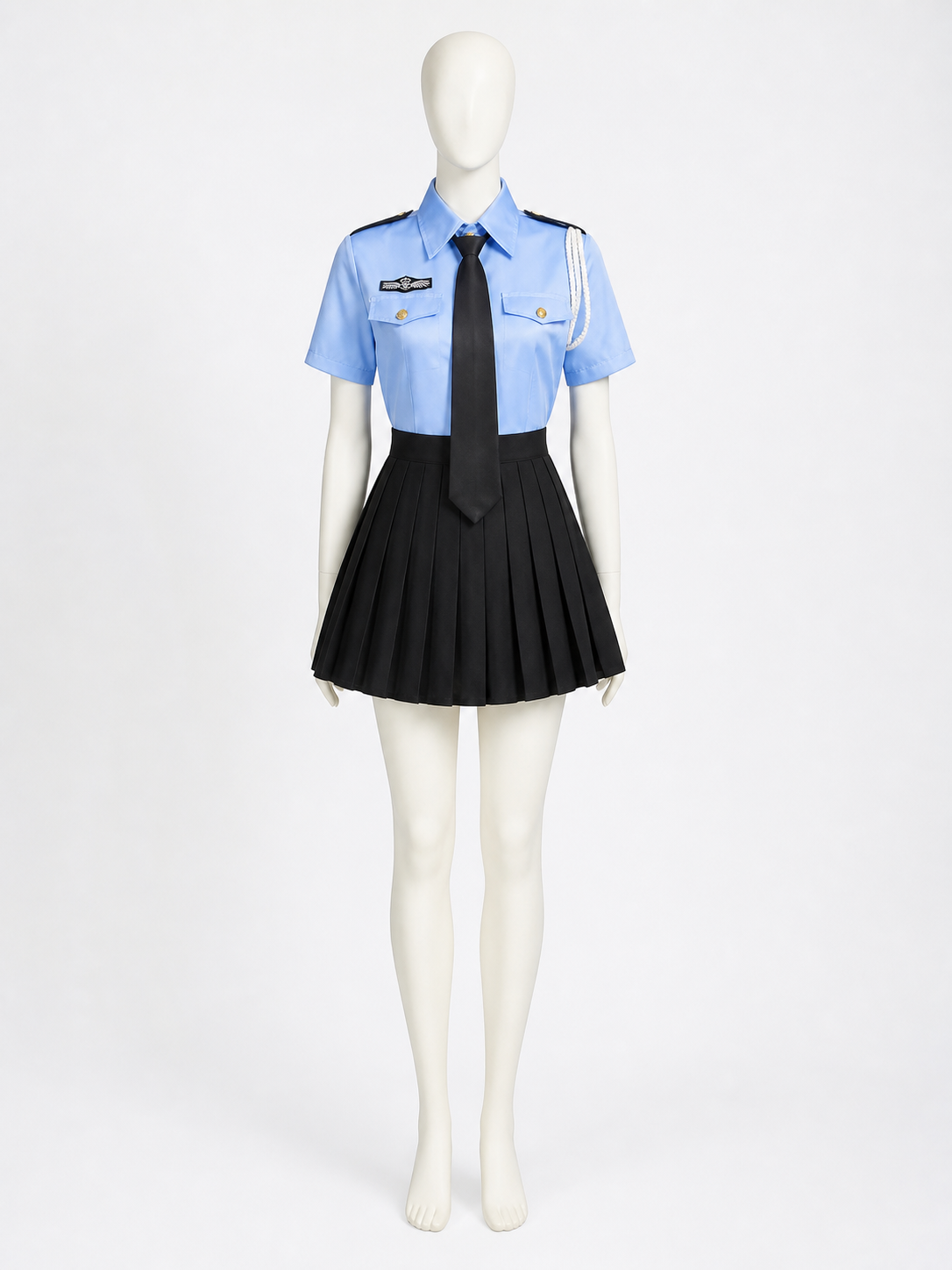 Women's Short Sleeve Light Blue Police Costume Set with Pleated Skirt and Tie Costumes detail 3