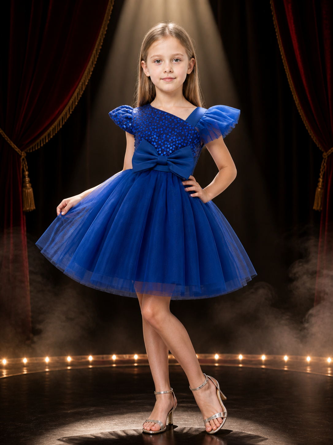 Girls' Blue Sequin Princess Dress With Mesh Skirt And Bow Costume Dresses detail 3