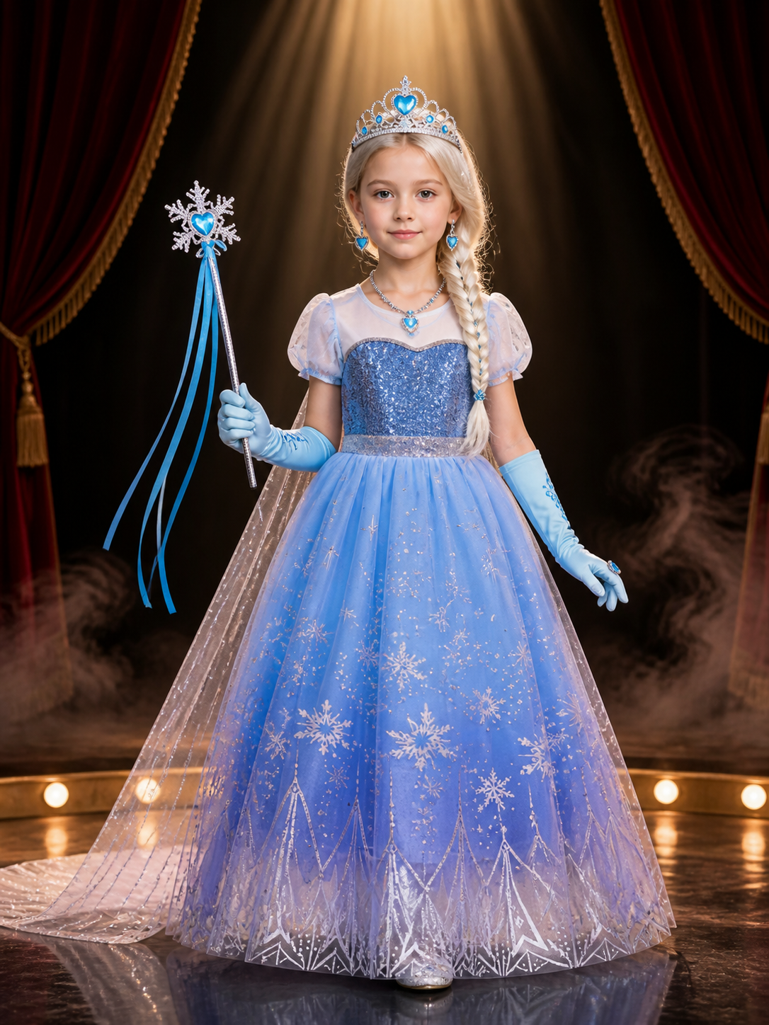 Girls Snow Queen Blue Sequined Puffy Gown Costume Set With Wig And Crown For Costume Dresses detail 3