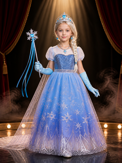 Girls Snow Queen Blue Sequined Puffy Gown Costume Set With Wig And Crown For Costume Dresses detail 3