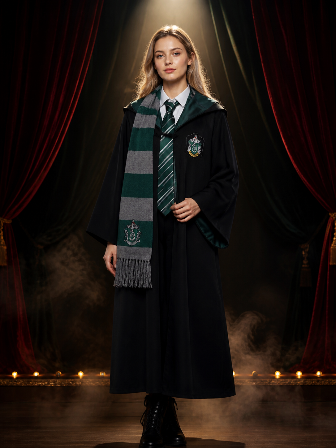 Green And Gray Wizard Costume Set With Robe, Tie And Scarf Costumes detail 3